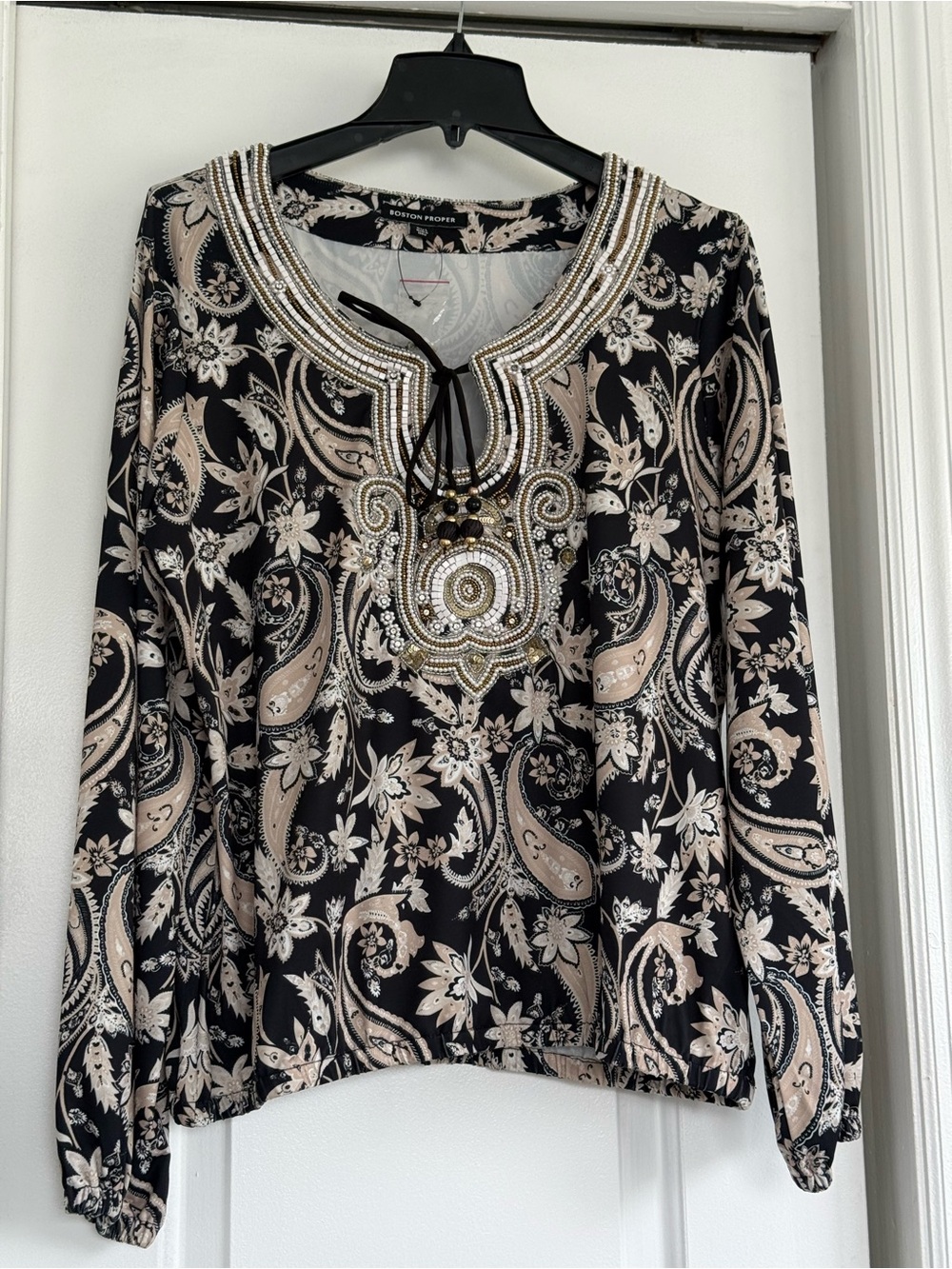 Boston Proper Black and Beige Beaded Paisley Tunic